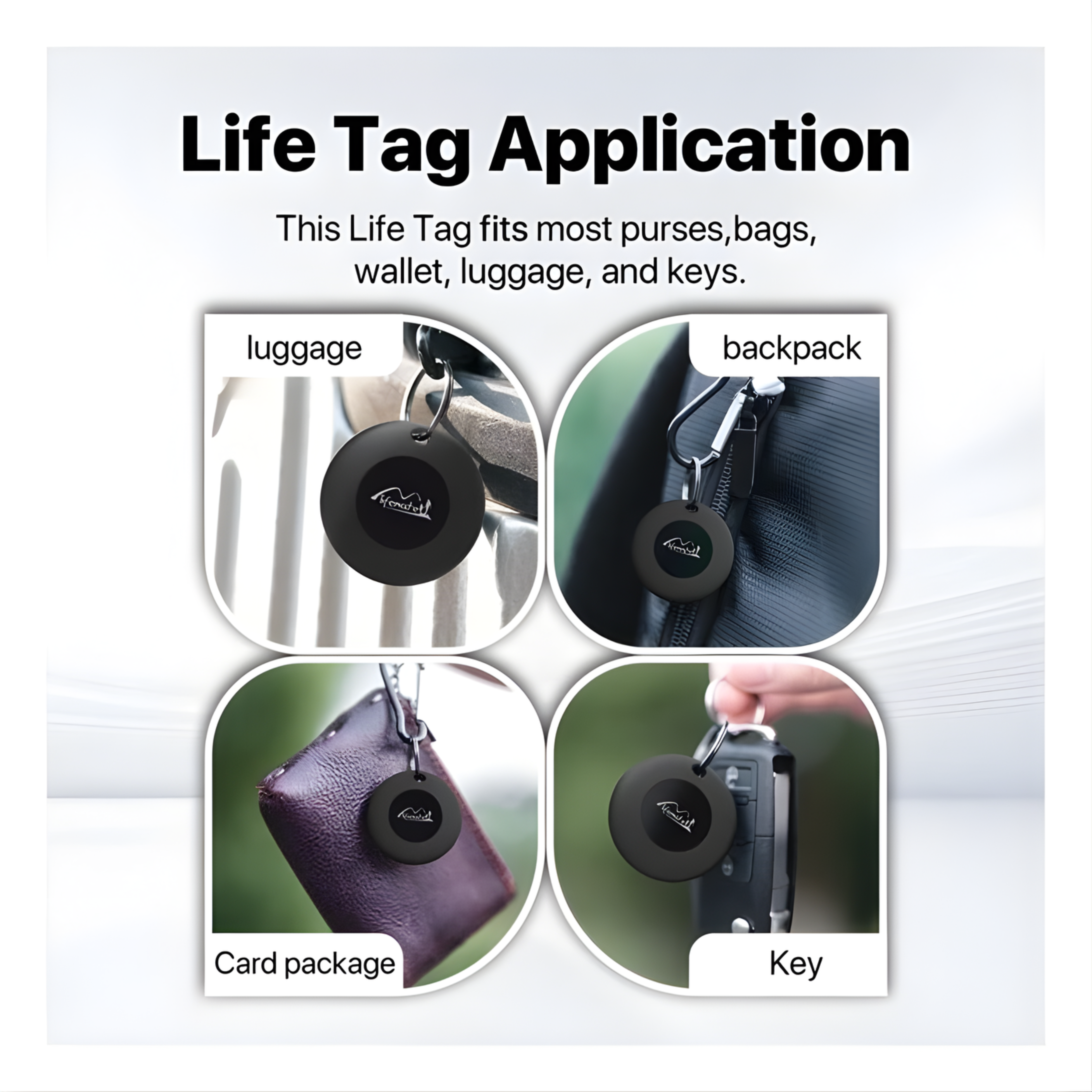 Image shows a black Life Tag attached to luggage, backpack, card package, and key. Text reads 'Life Tag Application'.