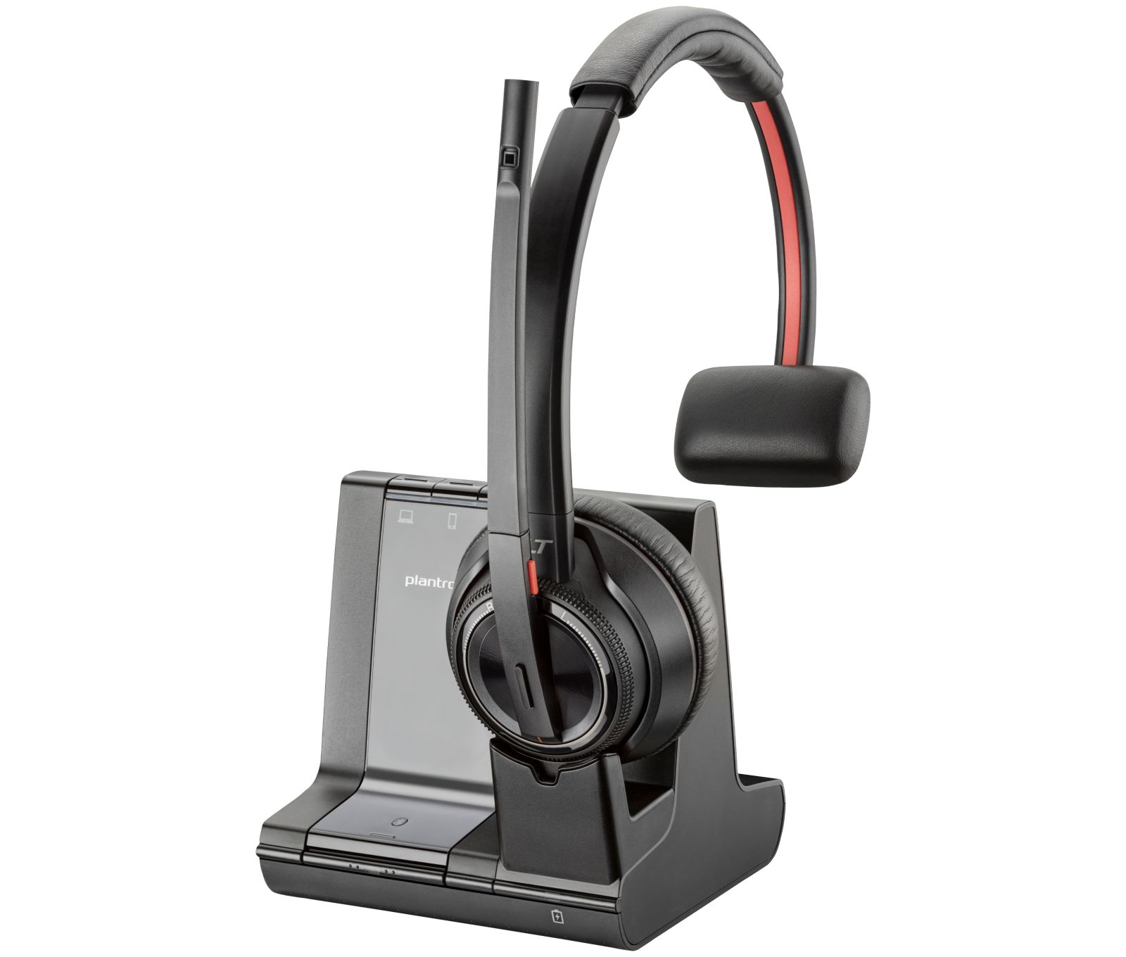Ein schwarzes schnurloses Headset mit Ladestation. Das Headset hat ein Mikrofon und einen roten Streifen am Bügel.