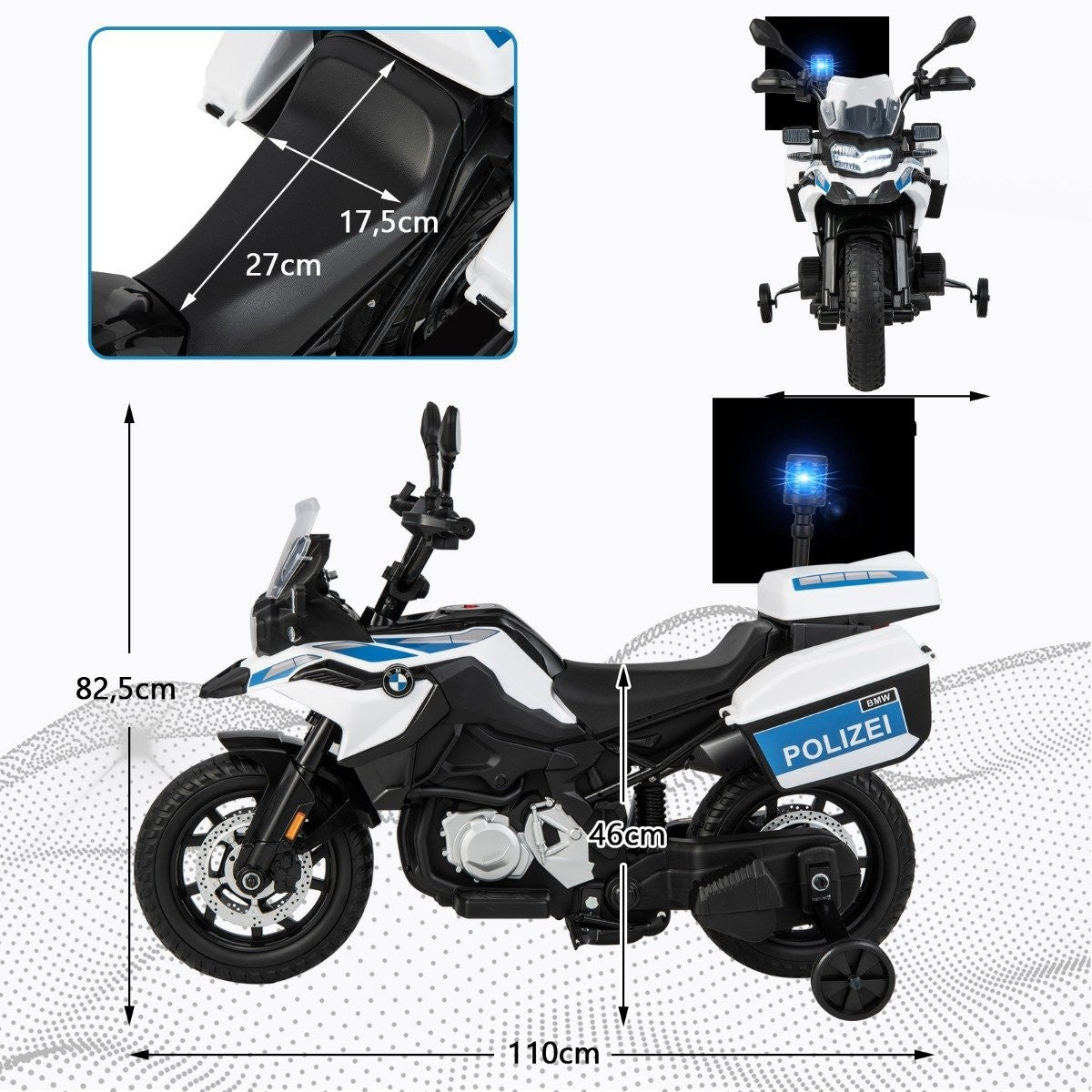 Moto de policía BMW de juguete, blanca y negra. Dimensiones: 110 cm de largo, 82,5 cm de alto, 46 cm de altura del asiento, con medidas.