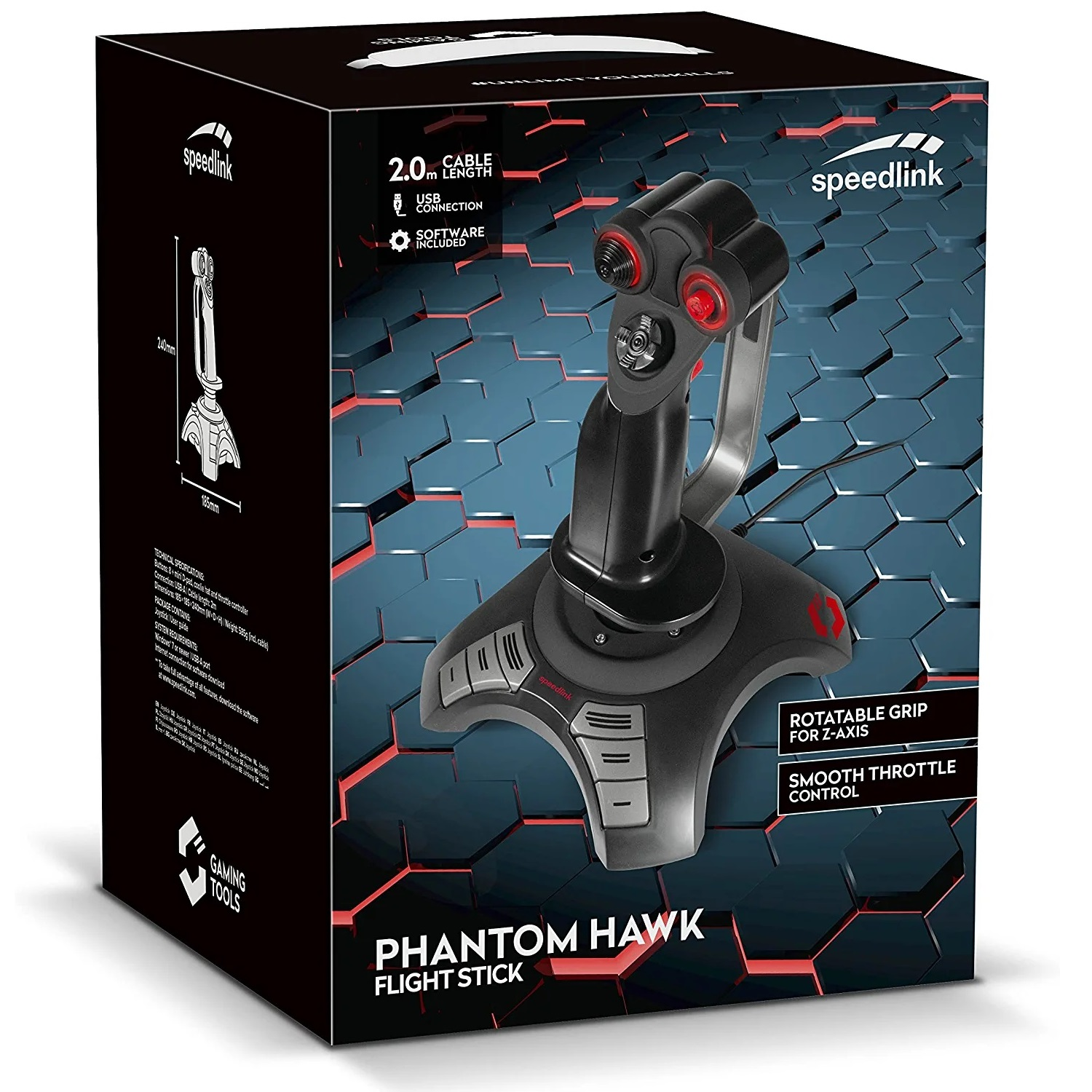 Eine Box mit einem Flight Stick. Er ist schwarz mit roten Akzenten. Auf der Box steht 'Phantom Hawk Flight Stick' und 'speedlink'.