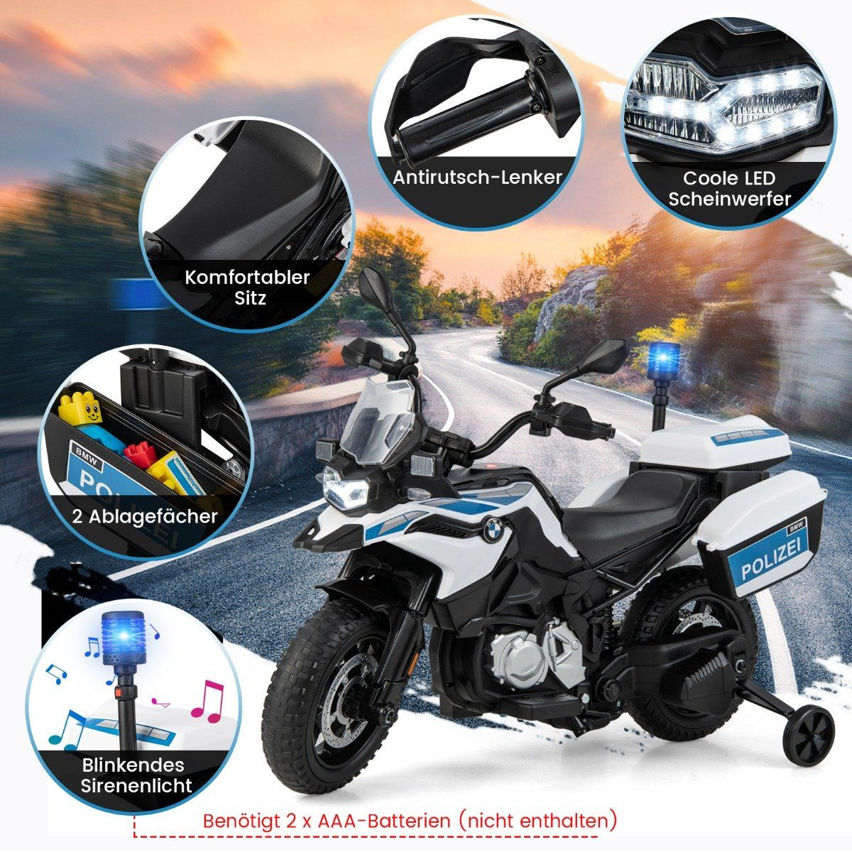 Una motocicleta de policía de juguete blanca y negra con detalles en azul, sirena y luces LED. Tiene un asiento cómodo y almacenamiento.
