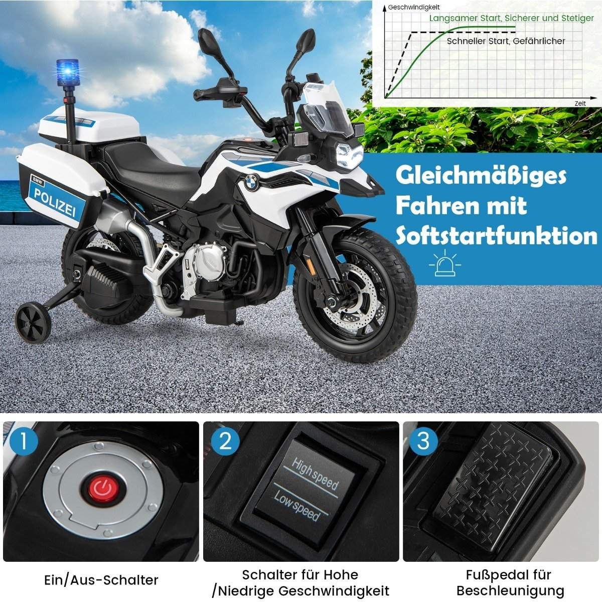 Una moto de policía de juguete blanca y negra con ruedas de entrenamiento. Tiene una luz azul y varios botones de control.