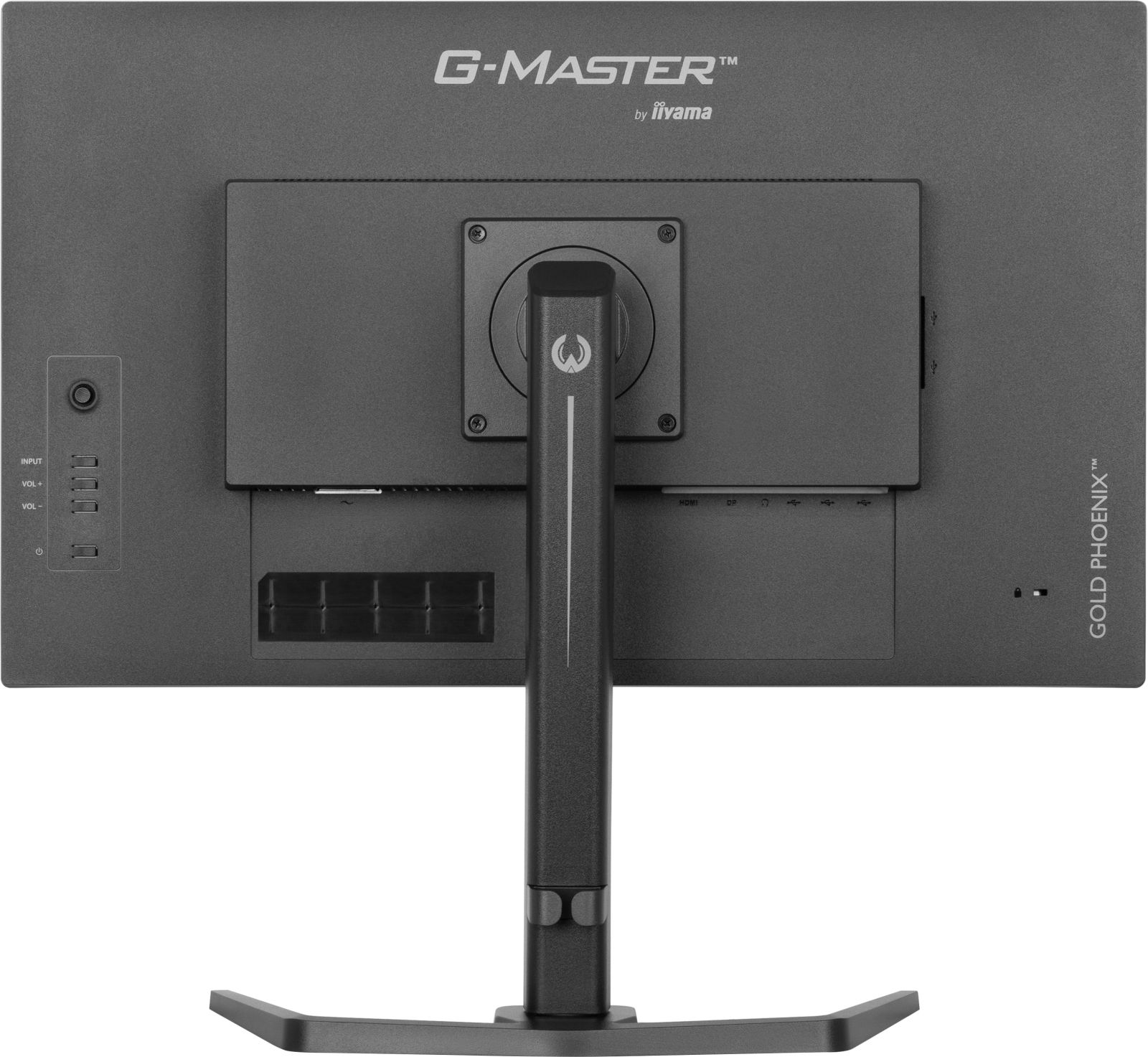 Rear view of a black computer monitor. The monitor has a stand and ports. It's a G-MASTER by iiyama GOLD PHOENIX.