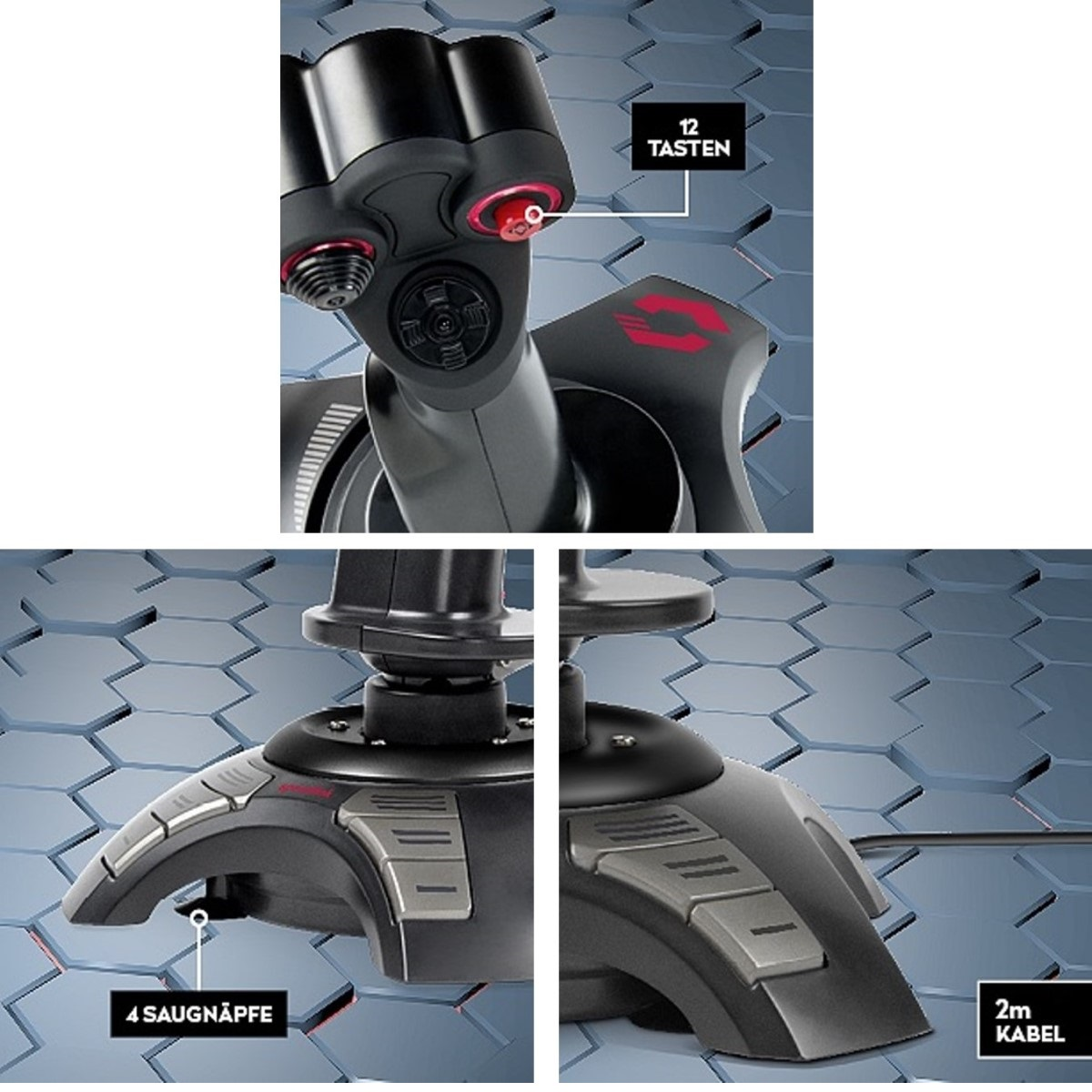 Nahaufnahme eines schwarzen Joysticks mit roten Akzenten und grauen Knöpfen. Etiketten weisen auf 12 Tasten, 4 Saugnäpfe und ein 2m Kabel hin.