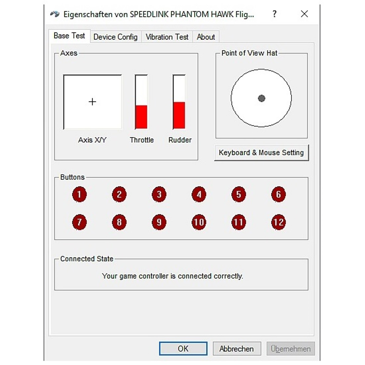 Ein Einstellungsfenster für einen Gamecontroller. Es zeigt Achsen, Tasten und eine Meldung über den Verbindungsstatus.