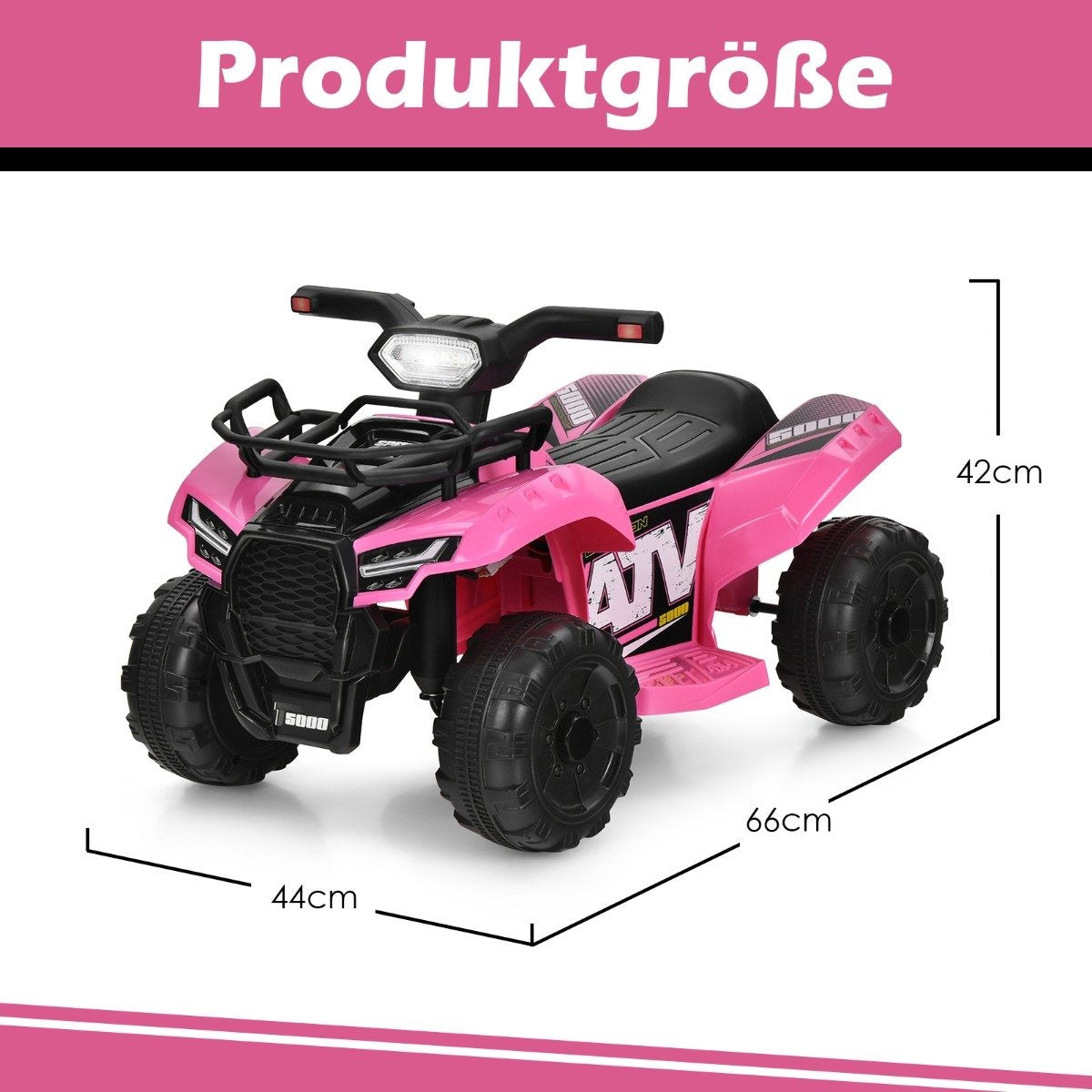 ATV de juguete rosa con neumáticos y asiento negros. Dimensiones: 44cm x 66cm x 42cm. El texto 'Produktgroße' está arriba.