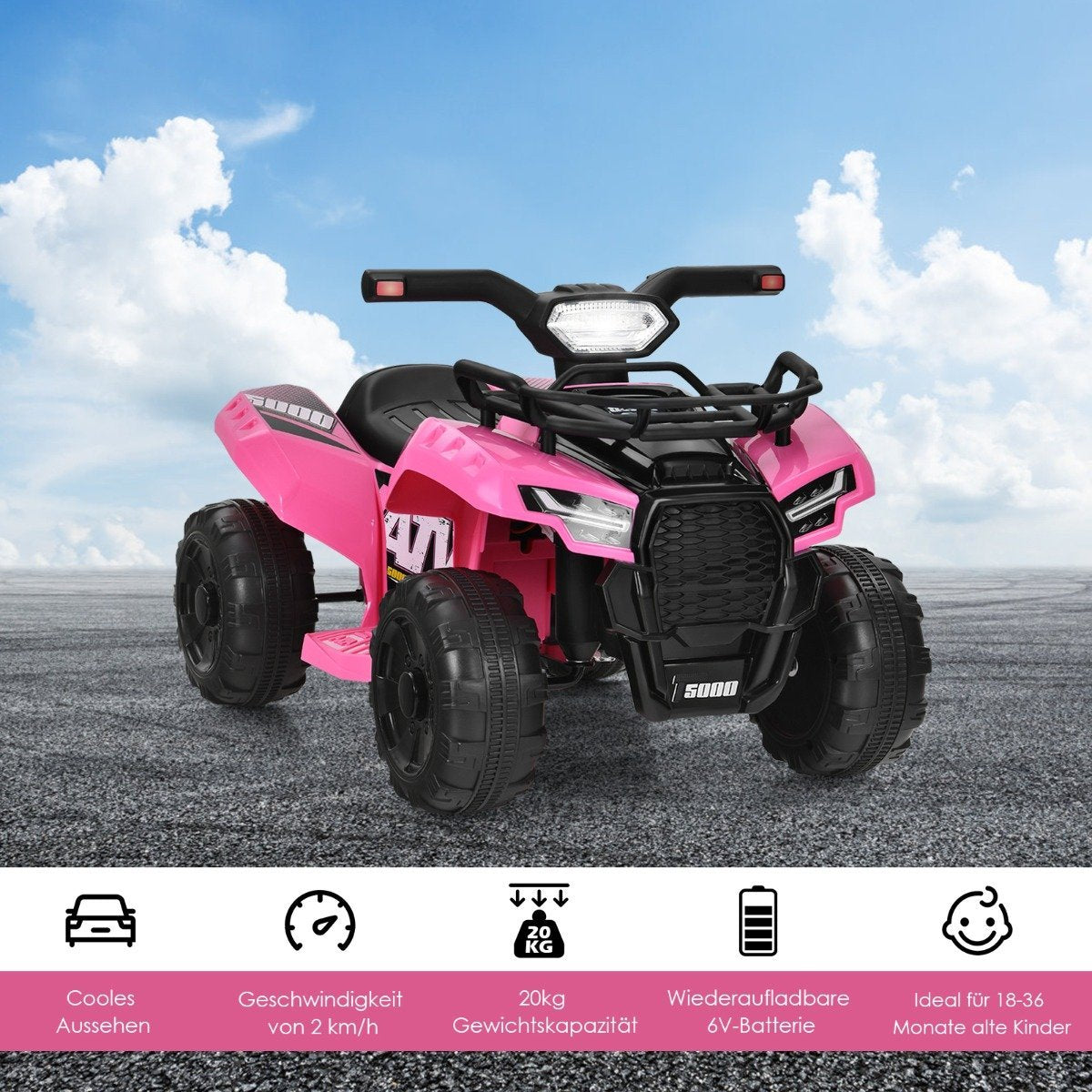 Un ATV rosa para niños con ruedas y detalles negros, sobre una superficie gris con fondo de cielo azul.