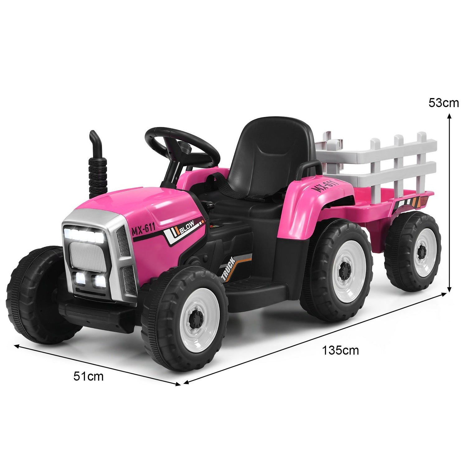 Un tractor de juguete rosa con remolque, asiento y volante negros. Tiene neumáticos y luces blancos. Se muestran las dimensiones.