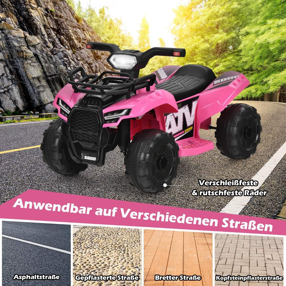 Un juguete ATV rosa sobre una carretera con texto sobre tipos de carreteras. El ATV tiene ruedas negras y un asiento negro. El fondo tiene árboles.