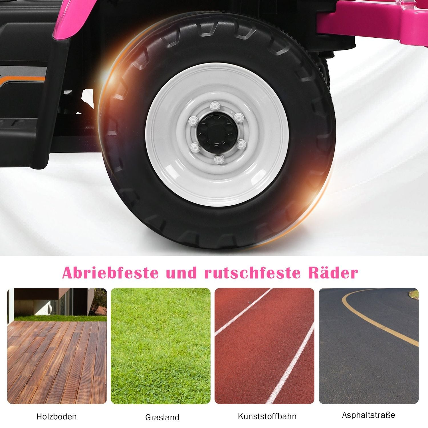 Primer plano de una rueda de tractor de juguete. La rueda es negra con llanta blanca. La imagen incluye ejemplos de diferentes terrenos.