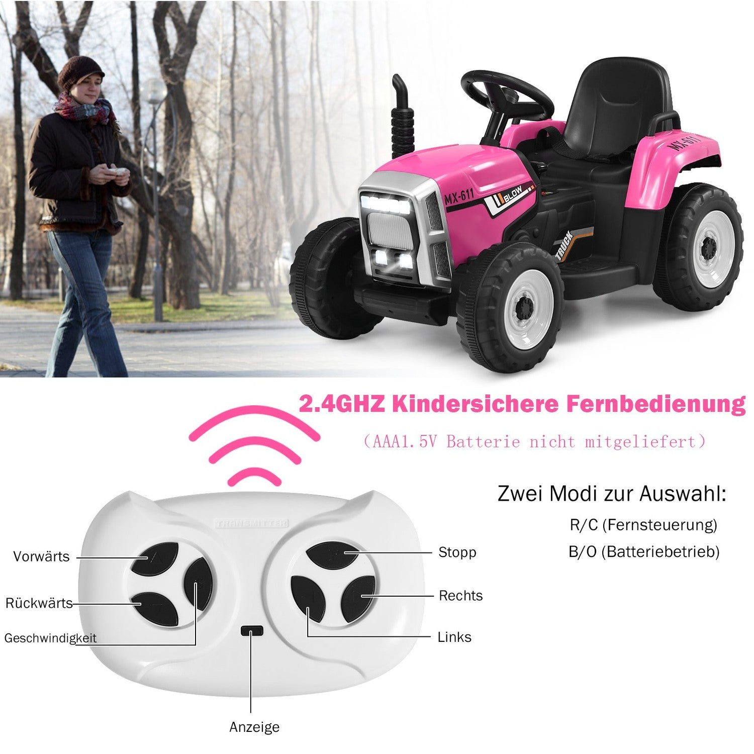 Una mujer camina junto a un tractor de juguete rosa. Se muestra un mando a distancia con botones de avance, retroceso, izquierda, derecha, parada y velocidad.