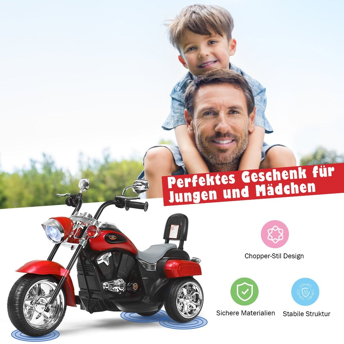 Un hombre lleva a un niño sobre sus hombros. Una moto de juguete roja y negra está delante. Texto dice: 'Regalo perfecto para niños y niñas'.