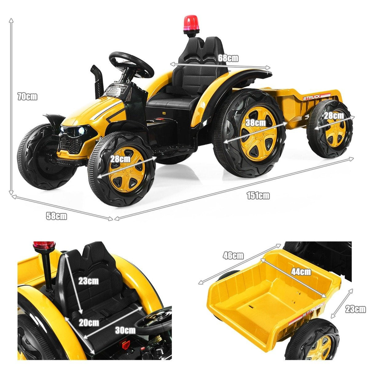 Un tractor de juguete amarillo con asiento y ruedas negras. Tiene un remolque adjunto. Las dimensiones se indican.