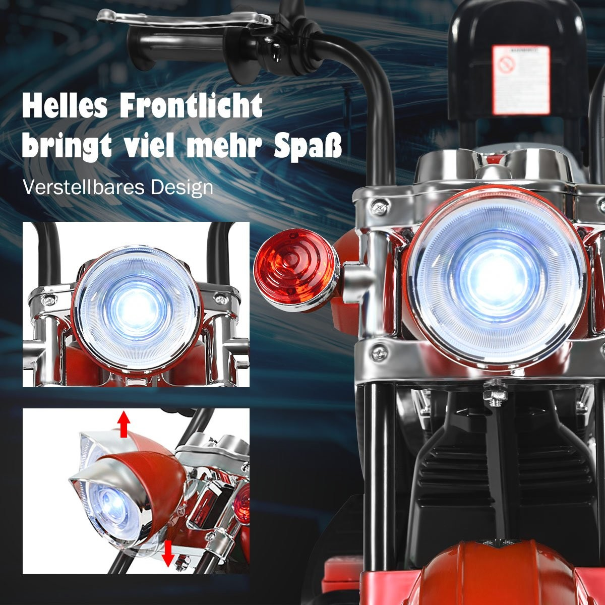 Primer plano de una moto roja. Se ven faros brillantes e intermitentes rojos. Texto en alemán: Faros brillantes traen más diversión.