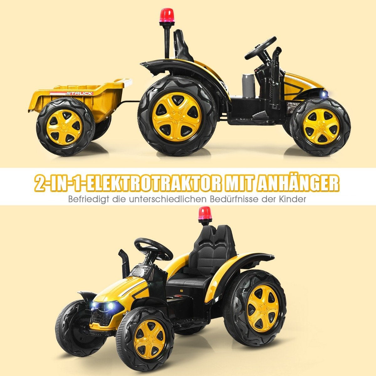 Un tractor de juguete amarillo y negro con remolque. Tiene luces intermitentes y volante. Texto: 2-IN-1-ELEKTROTRAKTOR MIT ANHÄNGER.