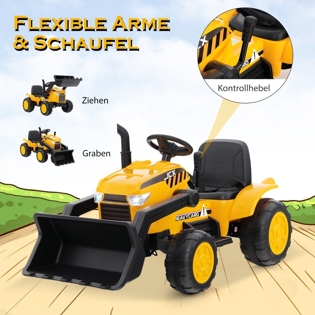 Un tractor de juguete amarillo con una pala negra. Texto: 'Flexible Arme & Schaufel'. Inserciones muestran detalles y palanca de control.