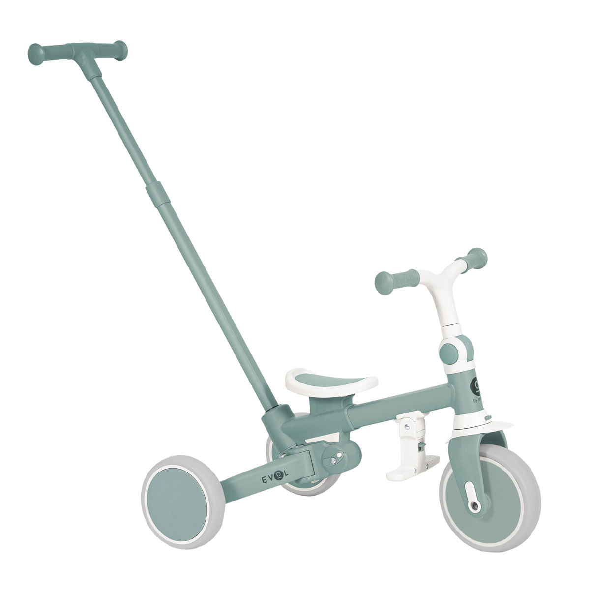 Un triciclo verde y blanco con manillar. Tiene tres ruedas y un asiento. El manillar, el asiento y las ruedas son verde claro.