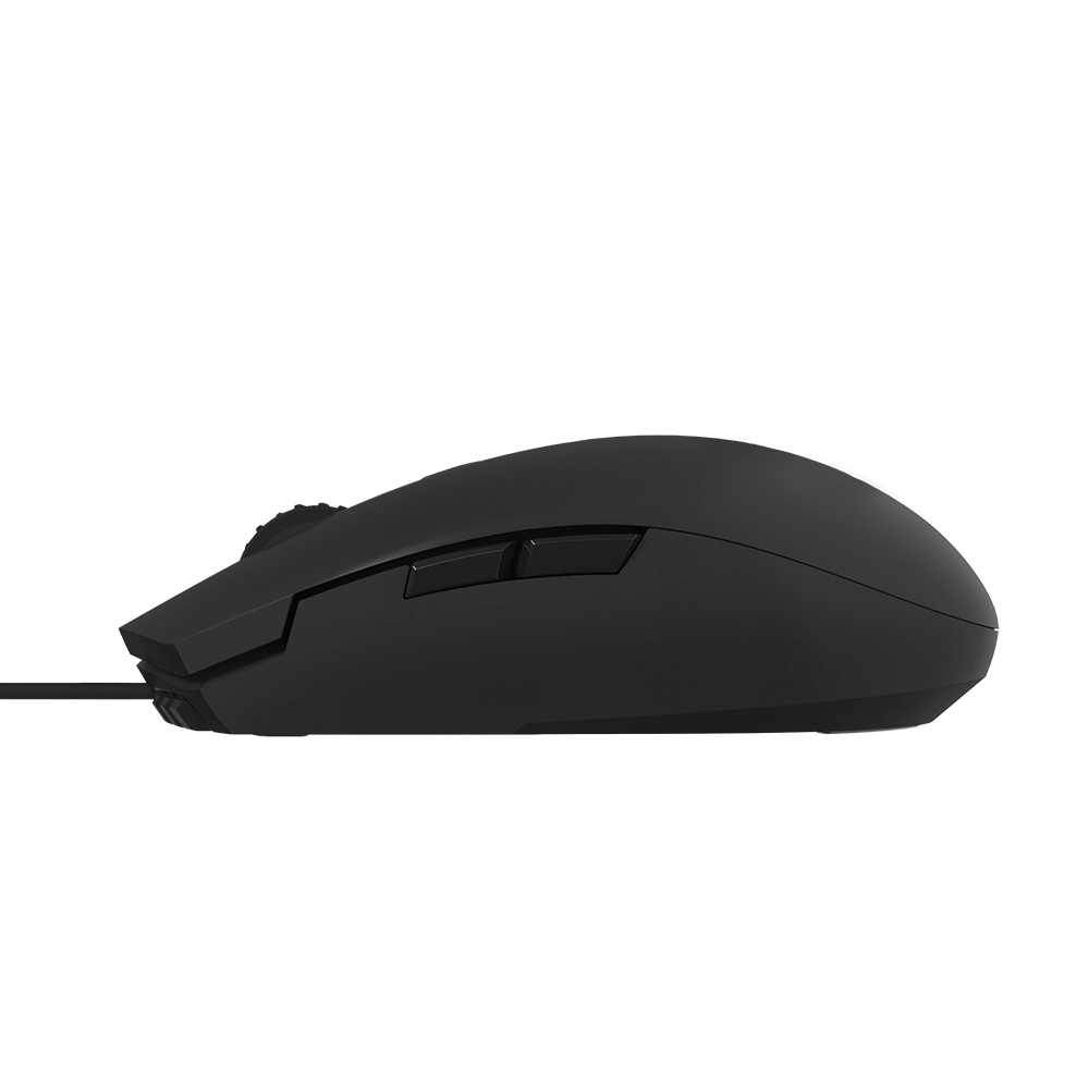 Vista laterale di un mouse nero. Ha una rotella, due pulsanti laterali e un cavo che si estende verso sinistra.