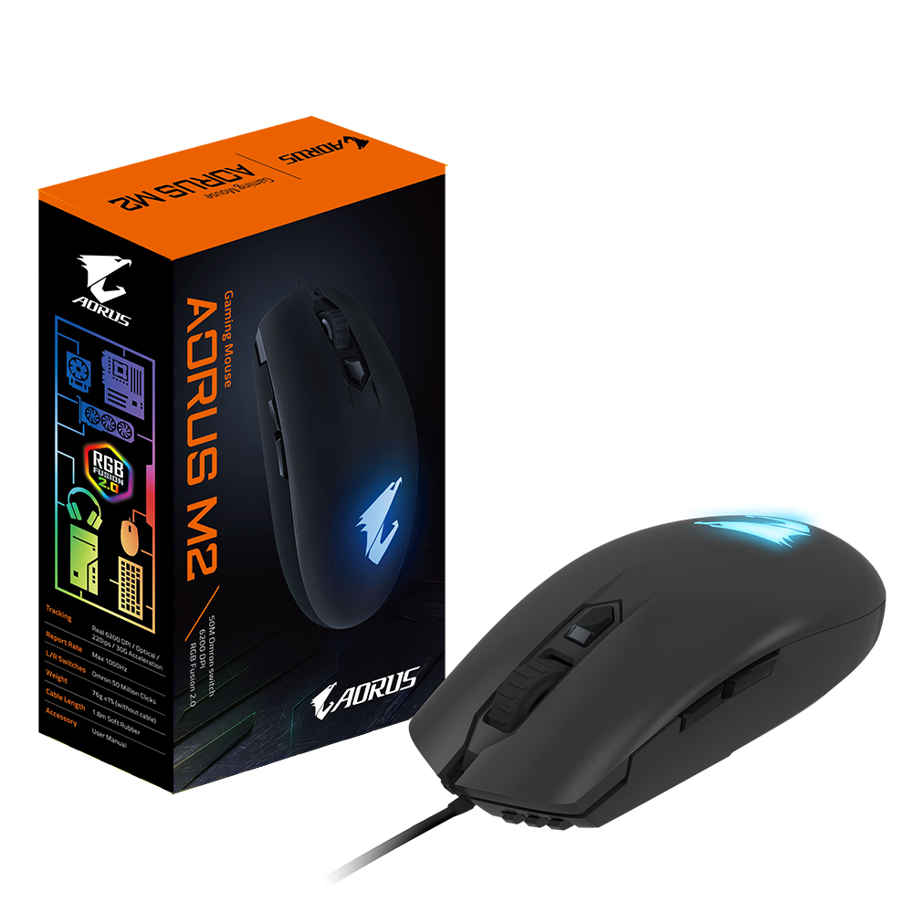 Un mouse da gioco Aorus M2 nero con una scatola. Il mouse ha luci RGB e un cavo. La scatola mostra il mouse e le specifiche.