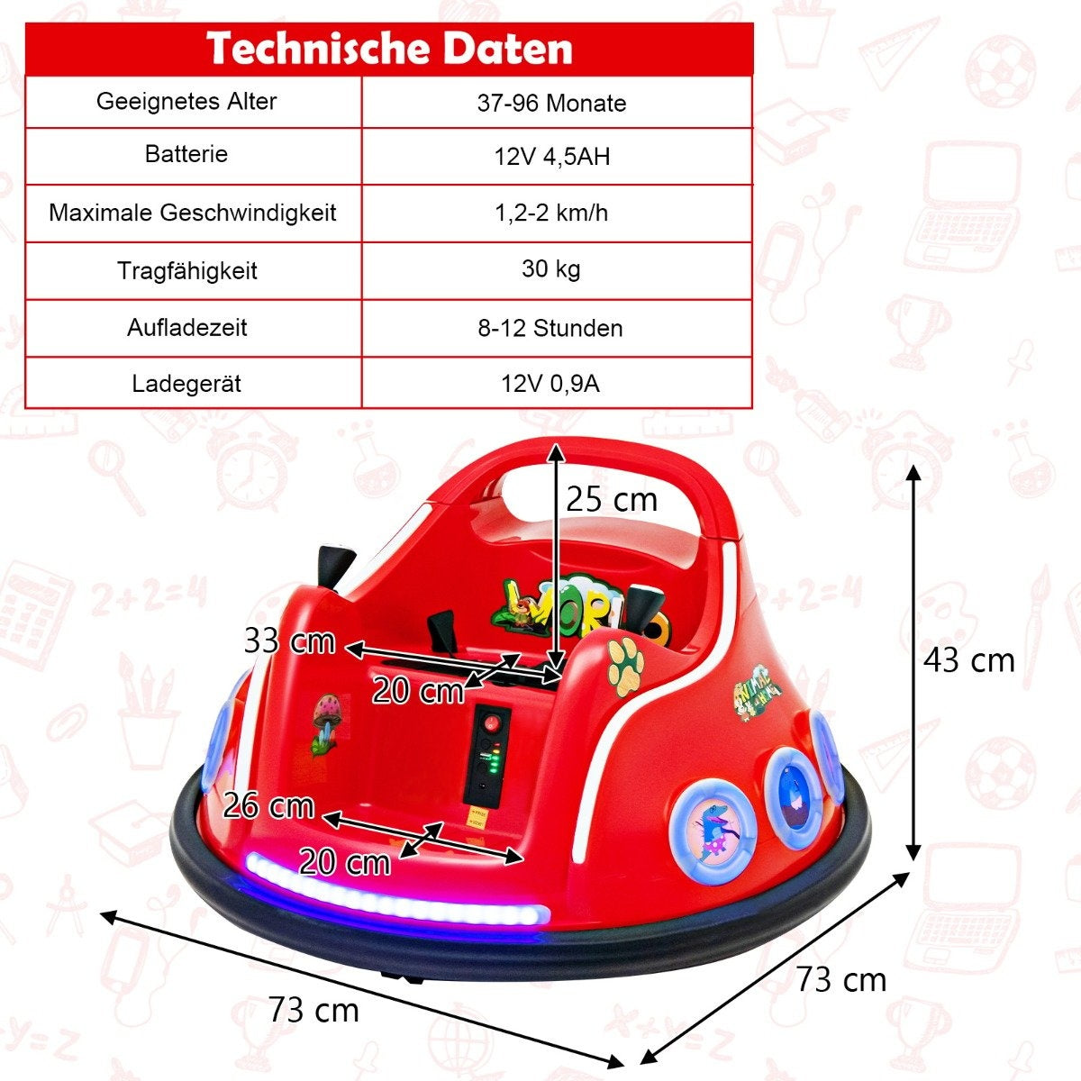 Coche parachoques rojo con dimensiones. Una tabla con datos técnicos está en el fondo.