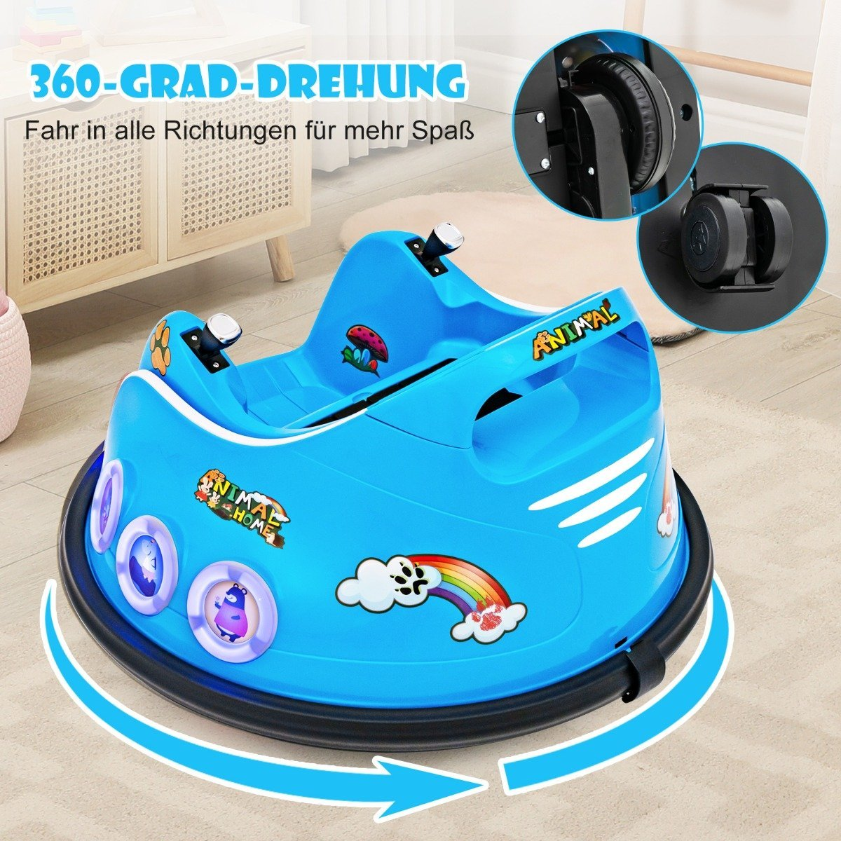 Un coche parachoques azul con pegatinas de animales y un arcoíris, sobre una alfombra marrón claro. El texto dice: '360-GRAD-DREHUNG'.