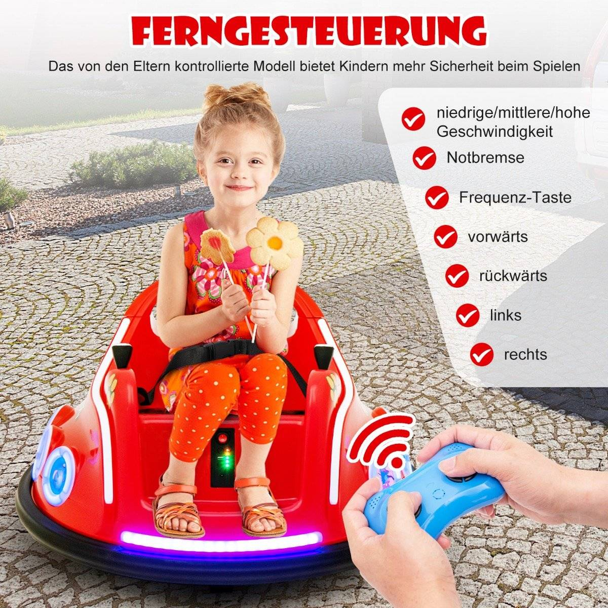 Una niña está sentada en un coche parachoques rojo, sosteniendo galletas con forma de flor. Una mano sostiene un control remoto azul. Las características están a la derecha.