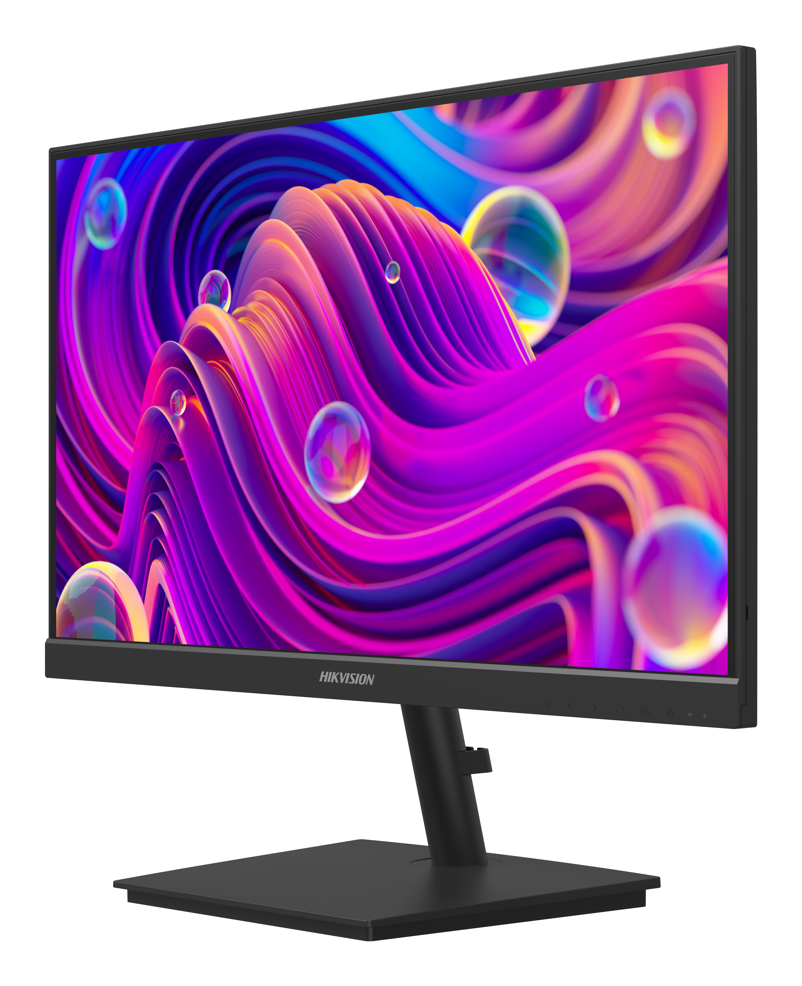 Un monitor con sfondo astratto colorato e vorticoso e bolle. Il monitor è nero e presenta il marchio Hikvision.
