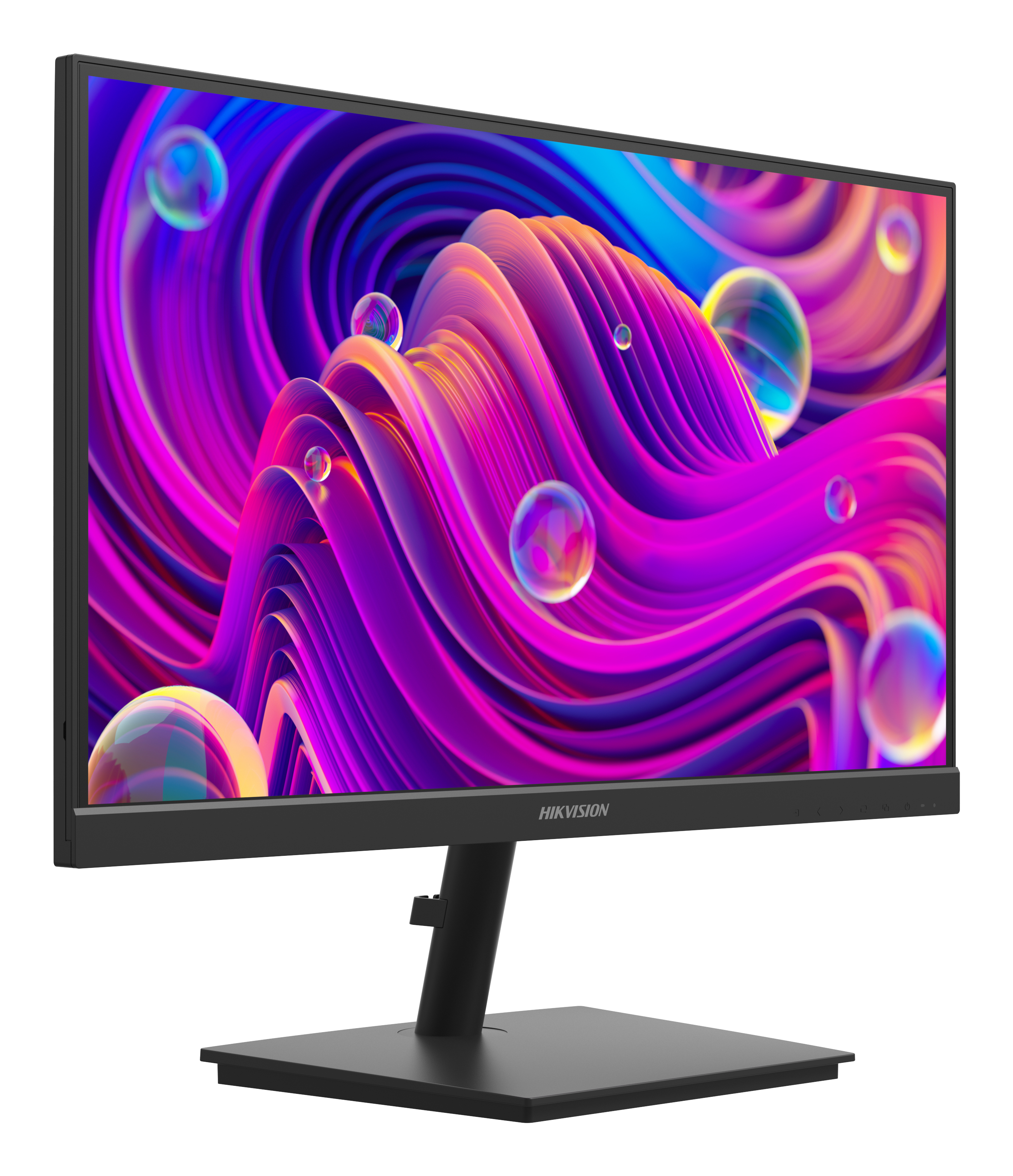 Un monitor per computer mostra un design astratto, colorato e vorticoso. Ha un supporto nero. Il marchio è HIKVISION.