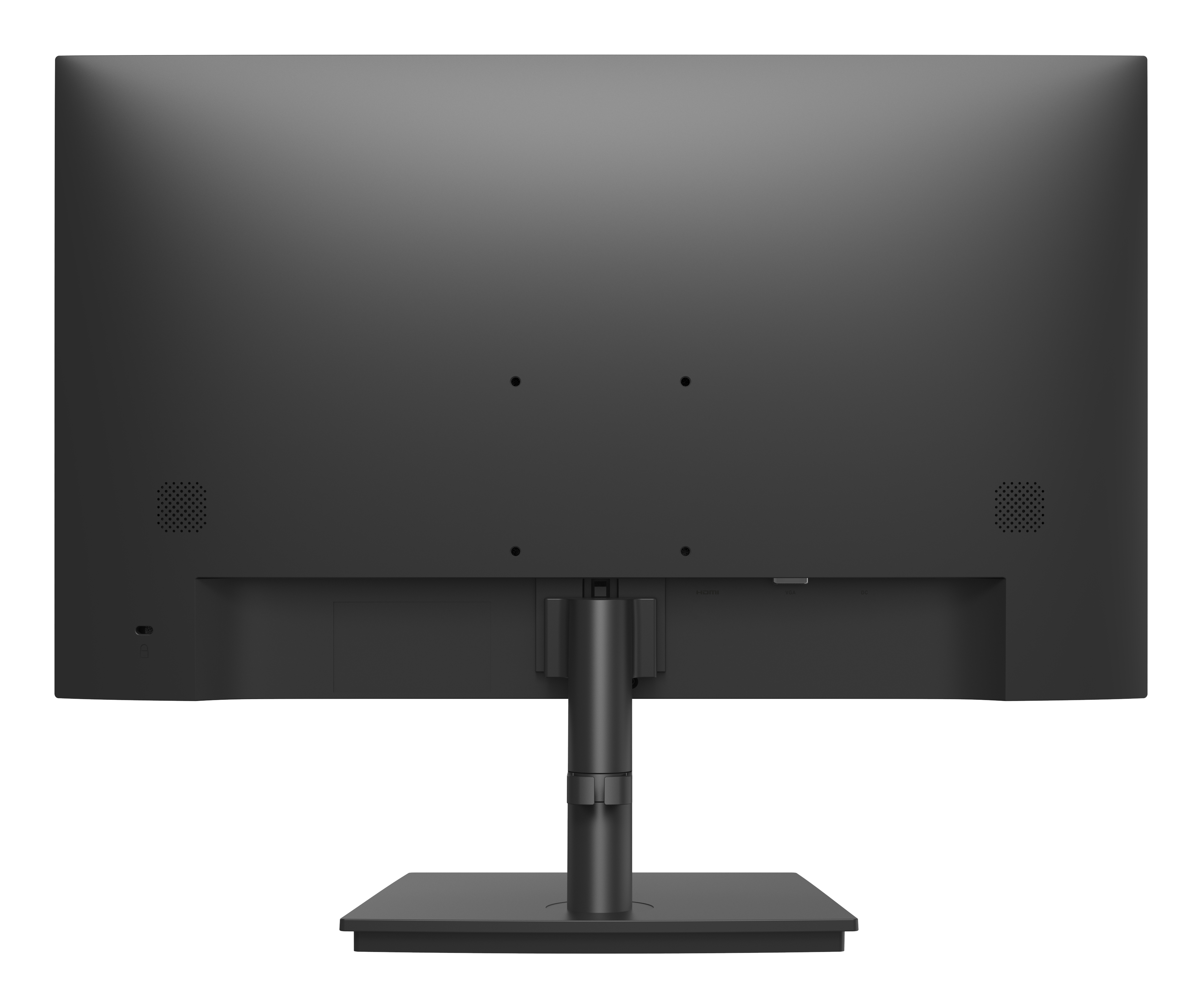 Vista posteriore di un monitor nero per computer. Ha un supporto, porte e uno schermo nero.