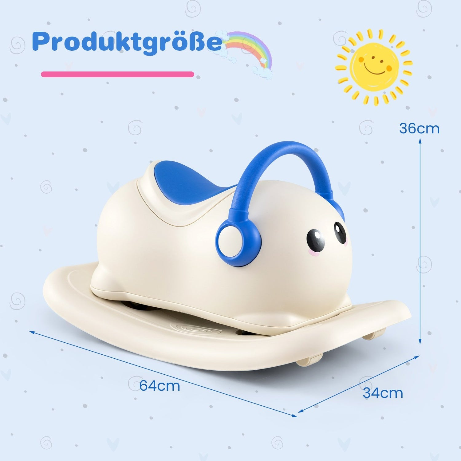 Un caballito balancín de juguete crema y azul con dimensiones mostradas. Un sol y un arcoíris en el fondo. El texto dice Produktgroße.