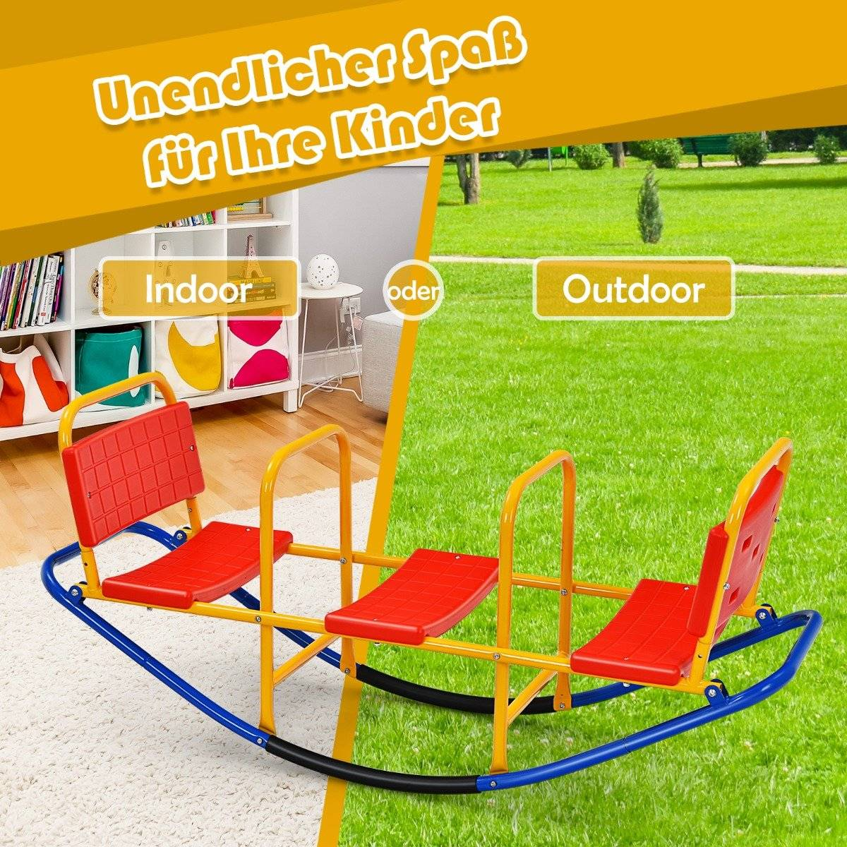 Un balancín rojo y amarillo para niños. Se muestran opciones interiores y exteriores. El fondo muestra hierba y una habitación con muebles.