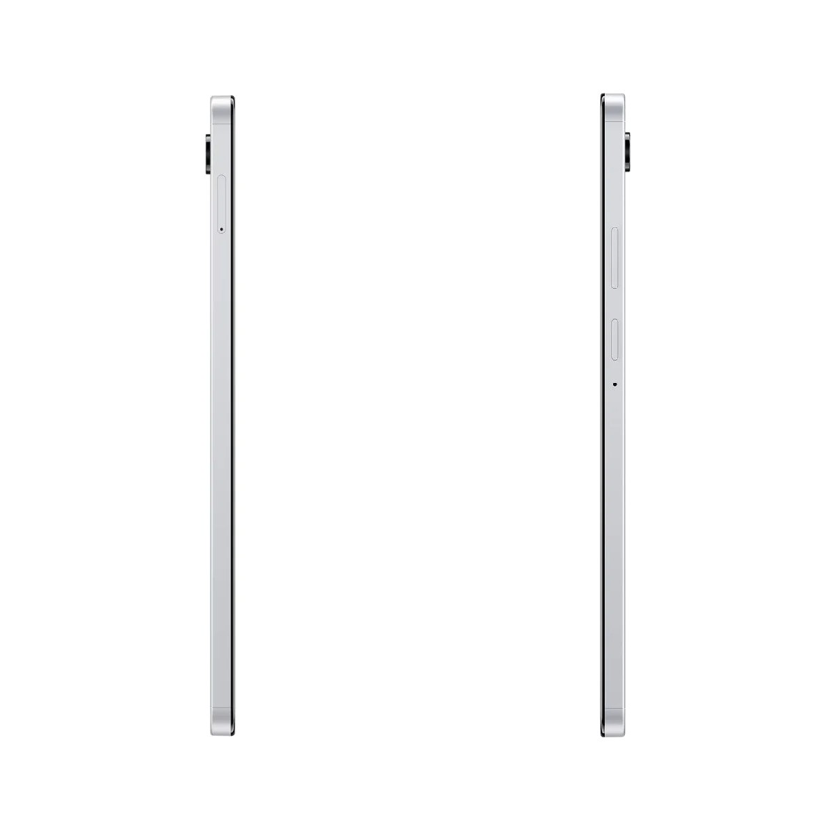 Due tablet argentati di profilo su sfondo bianco. Uno mostra pulsanti, l'altro è pulito. Entrambi sono verticali.