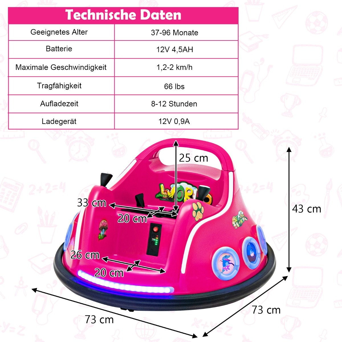 Un coche parachoques rosa con dimensiones. Detalles incluyen rango de edad, información de batería, velocidad, capacidad y tiempo de carga.