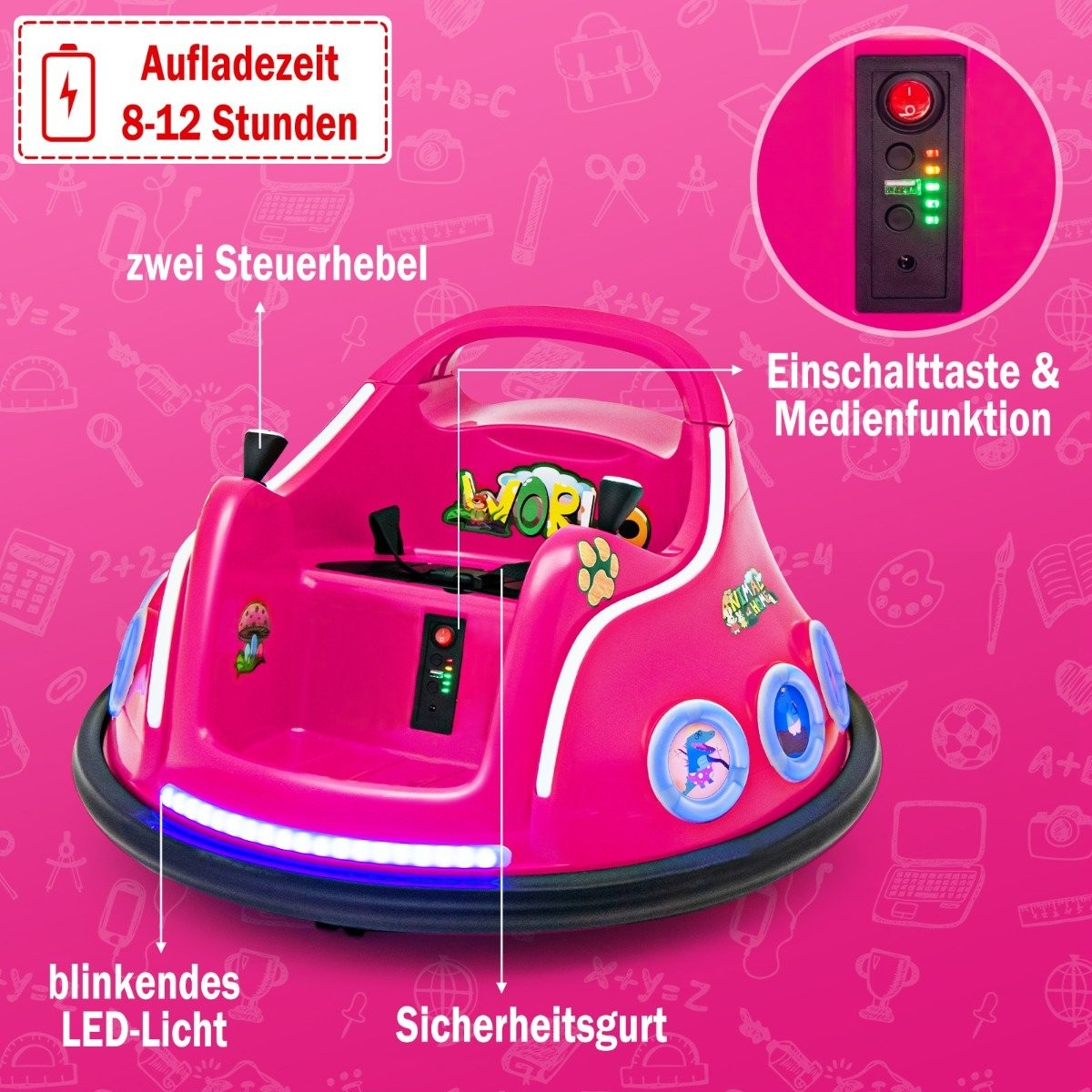 Un coche parachoques rosa con luces LED parpadeantes, dos palancas de control y un cinturón de seguridad. Incluye pegatinas y un panel de control.