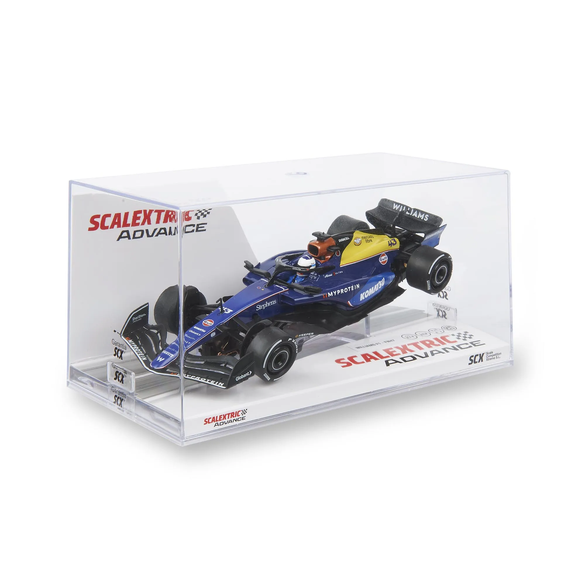 Un modelo de coche Williams F1 azul y amarillo está encerrado en una caja transparente. El coche tiene logotipos de patrocinadores.