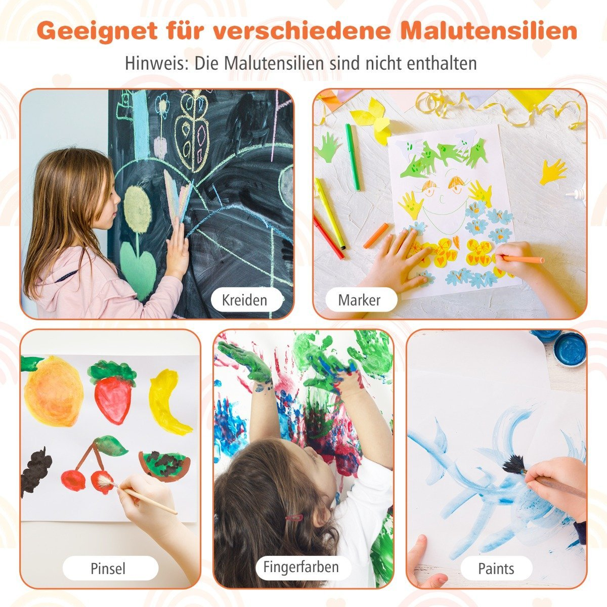 La imagen muestra a niños usando diferentes materiales de arte: tiza, marcadores, pinceles, pintura de dedos y pinturas. Cada ejemplo está etiquetado.