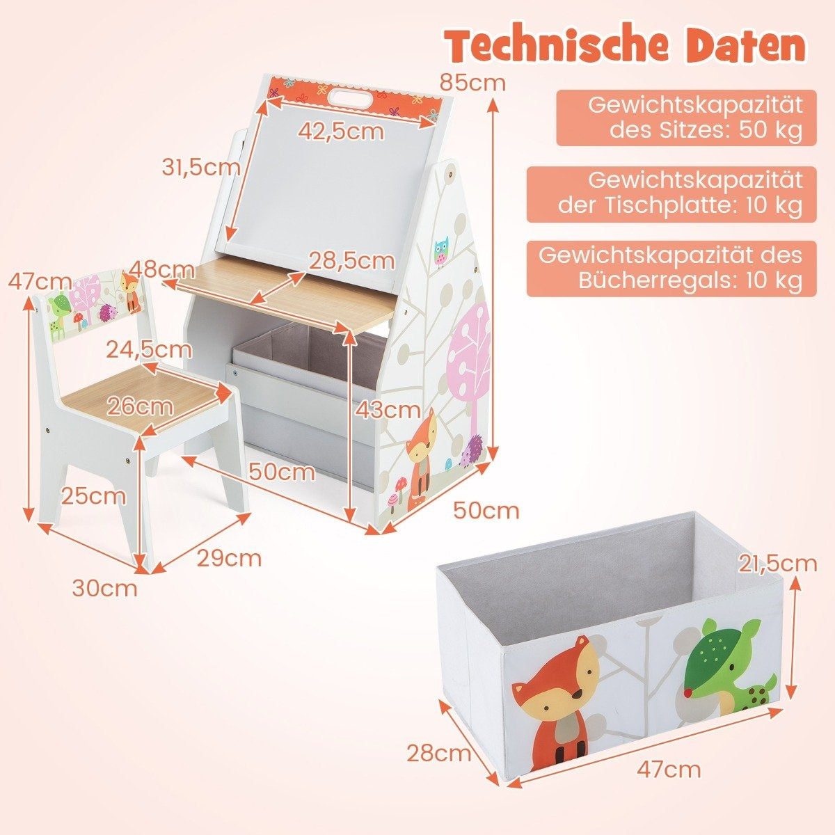 Un juego de escritorio y silla infantil blancos con diseños de zorro y árboles, más una caja de almacenamiento. Dimensiones mostradas.