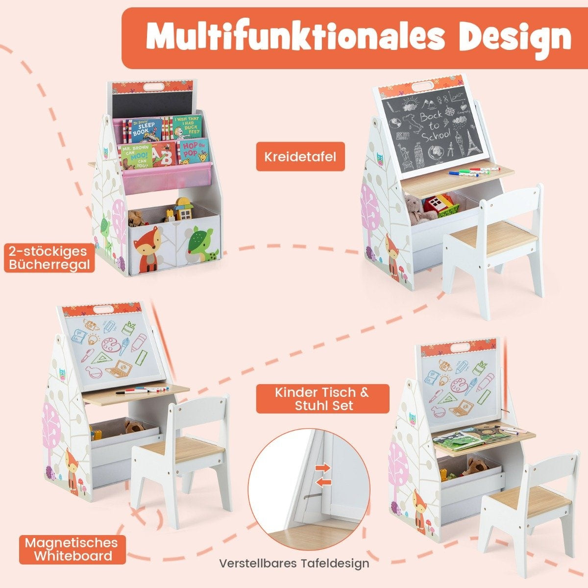 Juego de mesa y silla para niños. Incluye una pizarra, almacenamiento y una silla pequeña. El conjunto es blanco con detalles coloridos.
