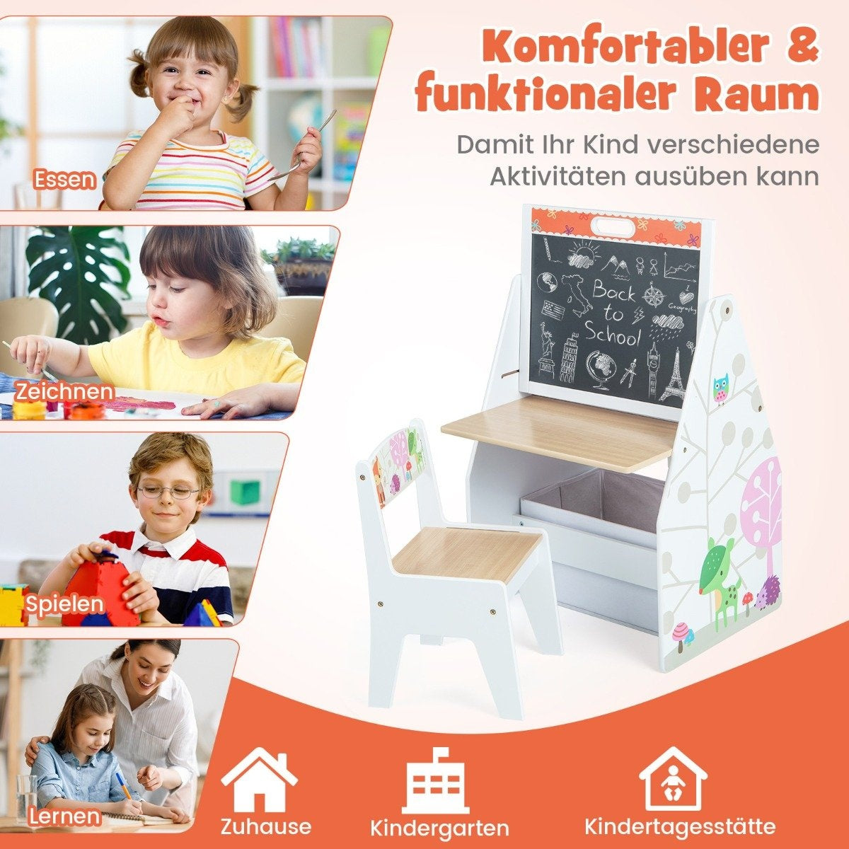 Un juego de escritorio y silla para niños. El escritorio tiene una pizarra y almacenamiento. Se muestra a los niños comiendo, dibujando, jugando y aprendiendo.