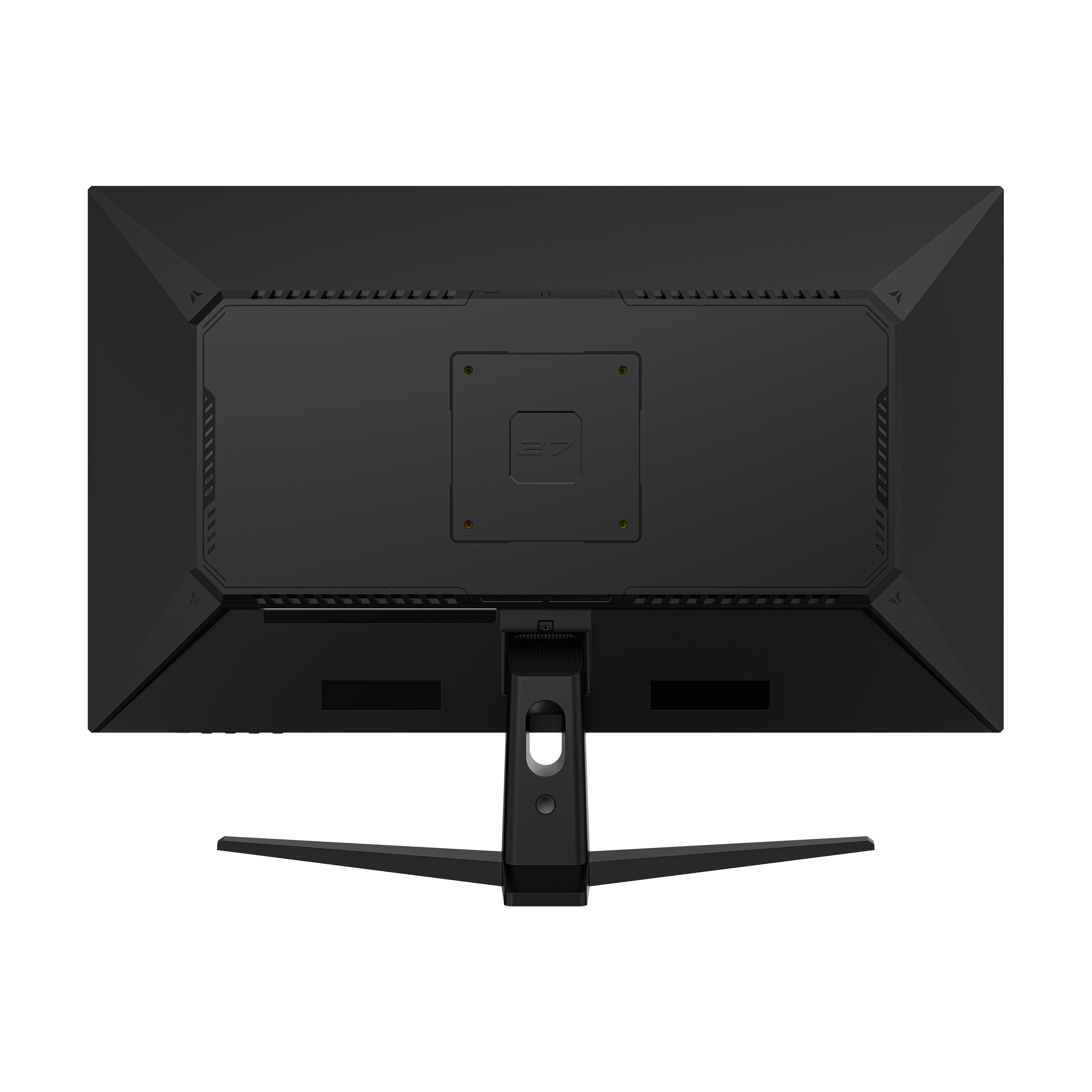 Achteraanzicht van een zwarte computermonitor. De standaard en achterkant zijn zichtbaar, modern design.