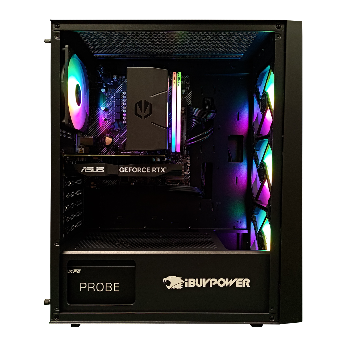 Una caja de computadora con componentes internos iluminados por luces RGB. Incluye una tarjeta gráfica, un enfriador de CPU, memorias RAM y ventiladores. La caja es negra.