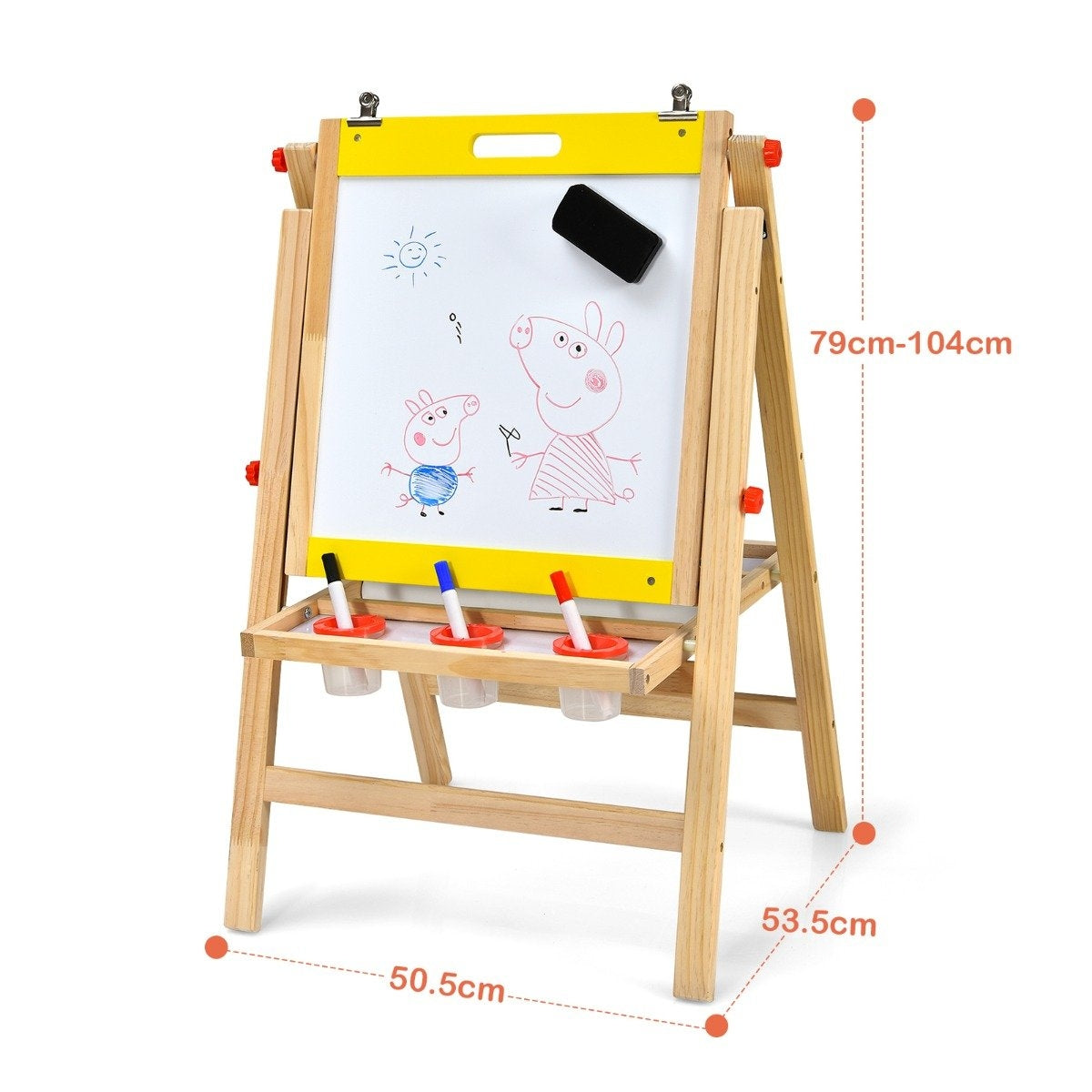 Caballito de madera para niños con dibujos de Peppa Pig. Tiene una pizarra blanca, rotuladores y una bandeja para materiales. Dimensiones incluidas.