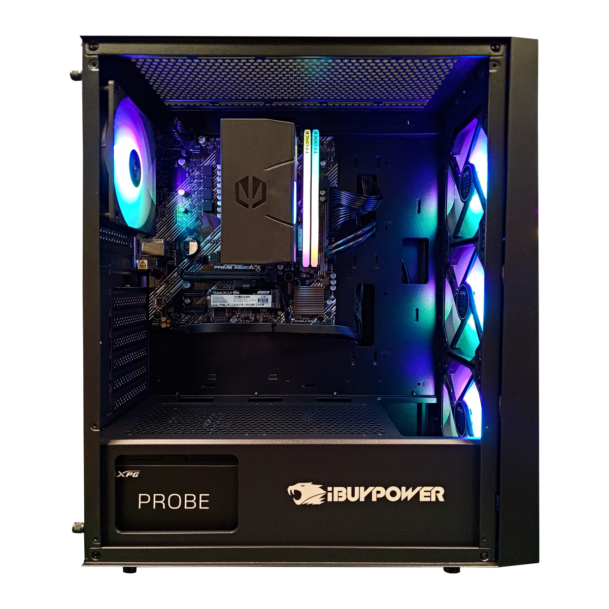 Interior de una caja de ordenador con componentes como un enfriador de CPU, memorias RAM, placa base y ventiladores con iluminación RGB.