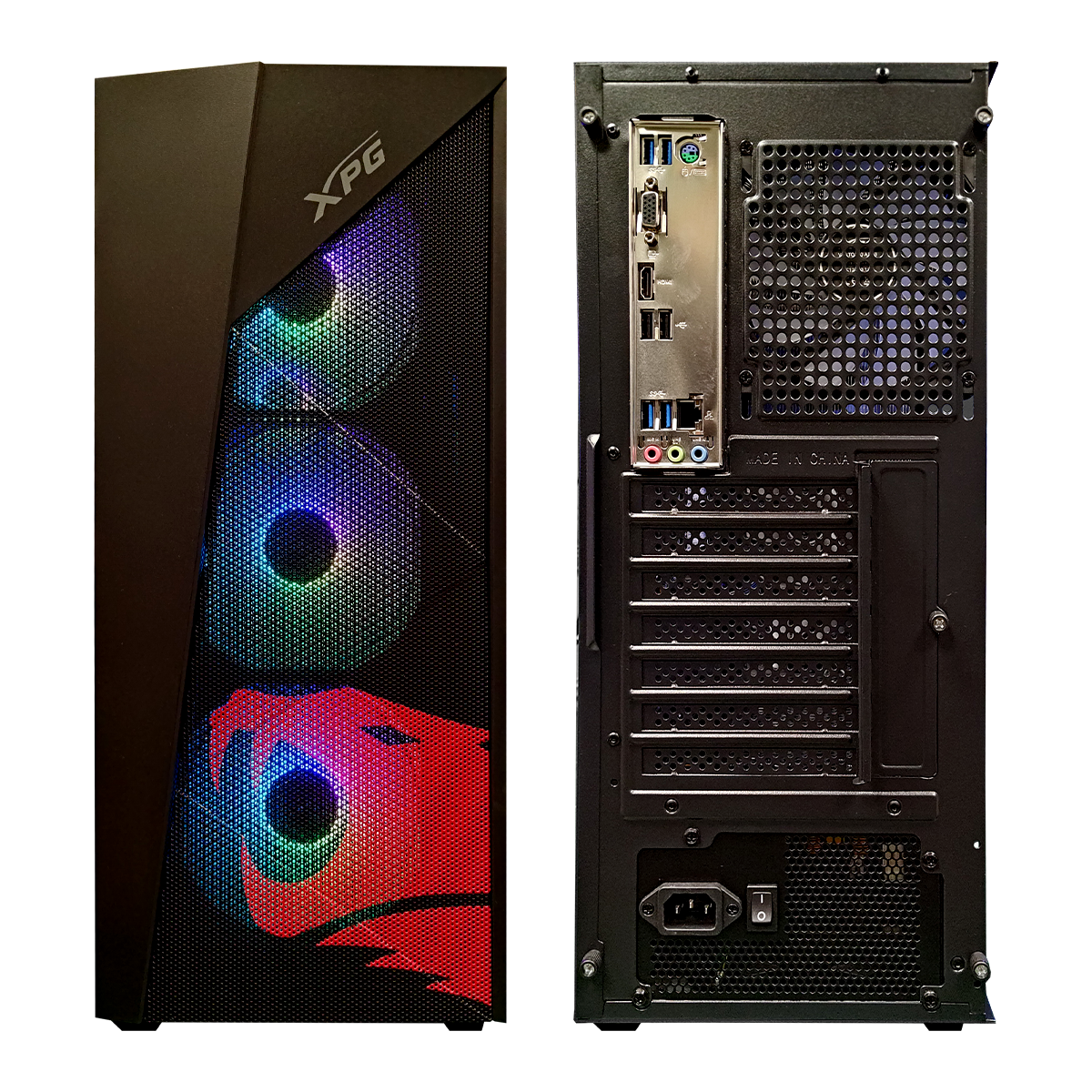 Una caja de computadora, vistas frontal y trasera. La parte delantera tiene ventiladores RGB, la trasera puertos y fuente.