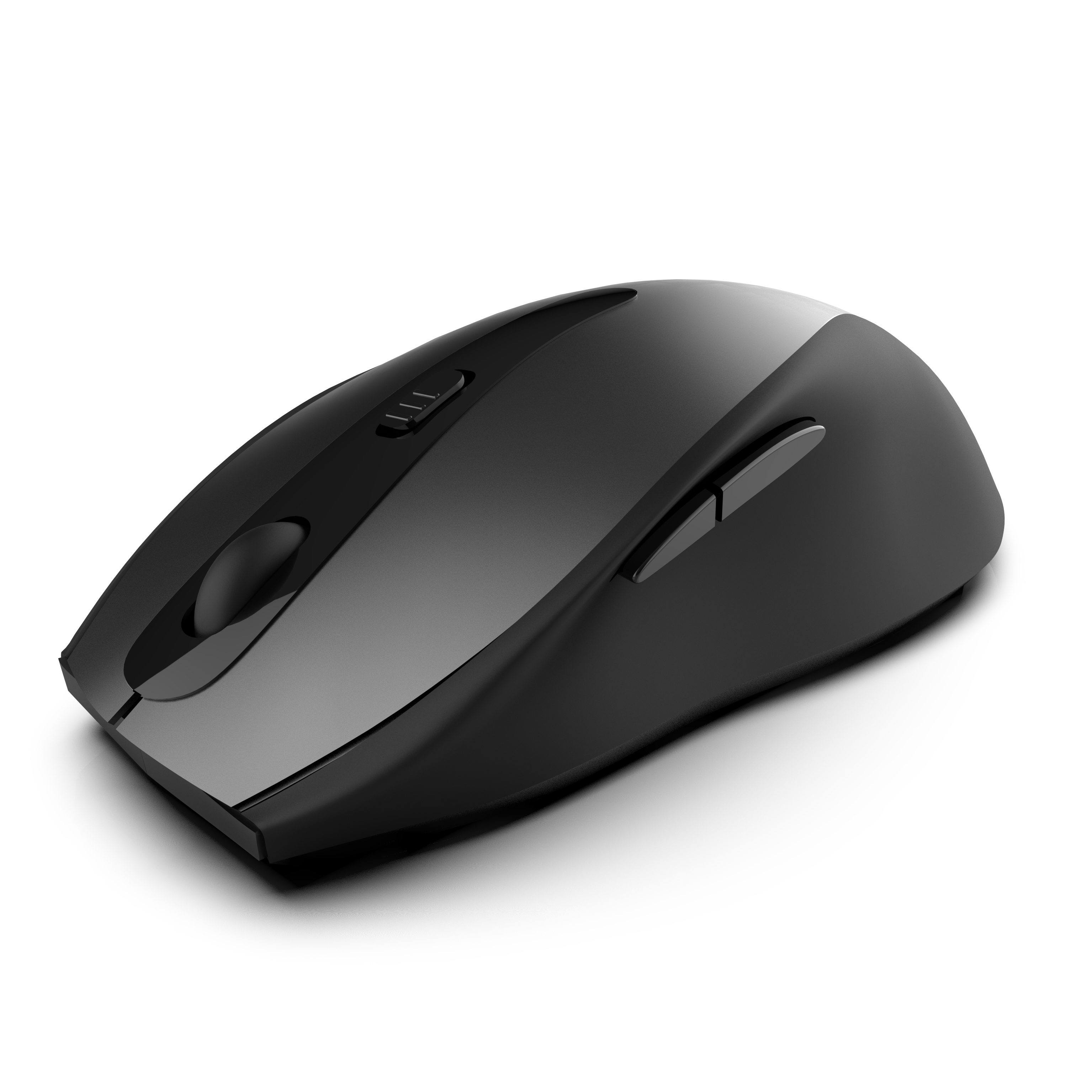 Een zwarte draadloze computermuis ligt op een witte ondergrond. Hij heeft knoppen en een scrollwiel.