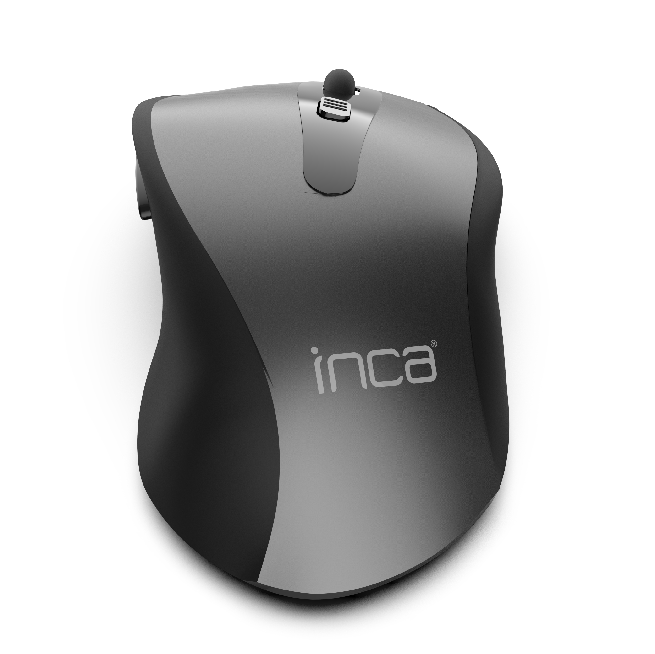 Een grijze en zwarte computermuis. Het heeft de merknaam 'inca' erop gedrukt. De achtergrond is wit.