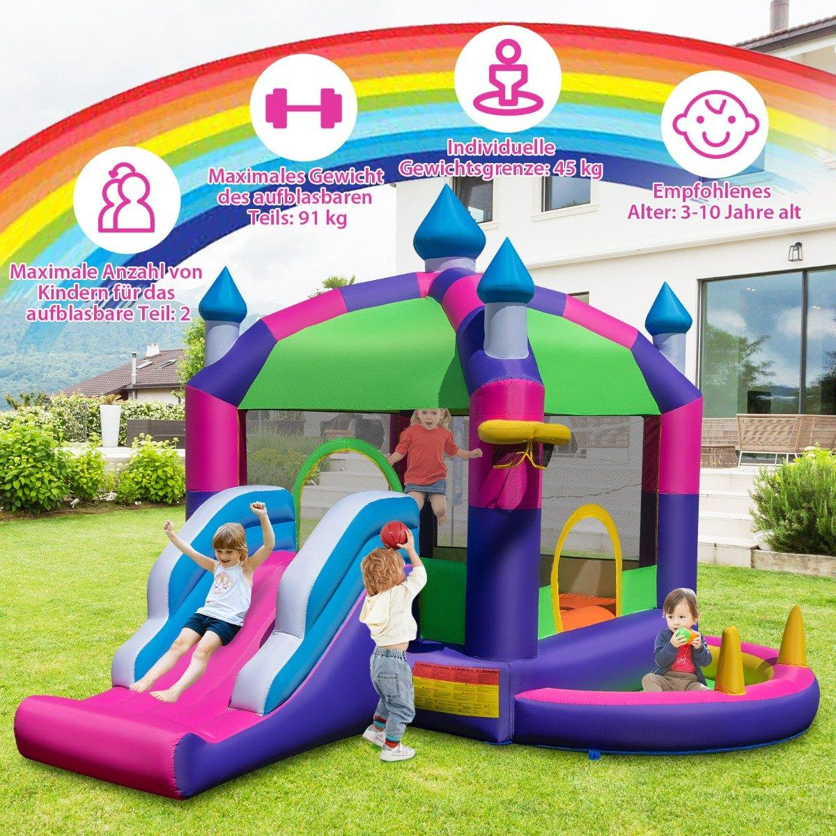 Un castillo inflable colorido con un tobogán y varios niños jugando en él. También se ve un arcoíris y texto sobre límites de peso.