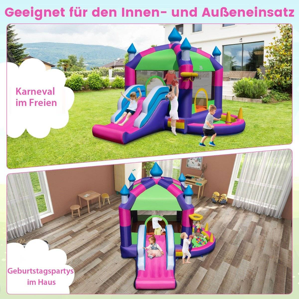 Niños jugando en un castillo inflable colorido con tobogán, en un campo de hierba verde. Otra escena lo muestra en interiores.