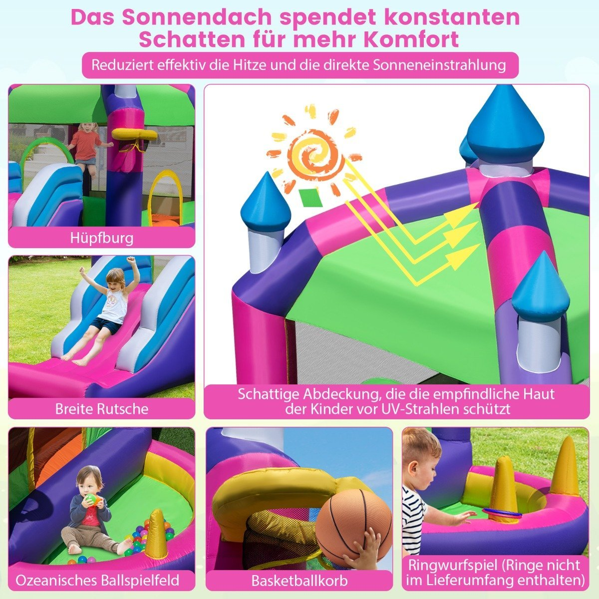Un castillo inflable colorido con áreas de juego, incluyendo tobogán, piscina de bolas, baloncesto y lanzamiento de aros, con niños jugando.