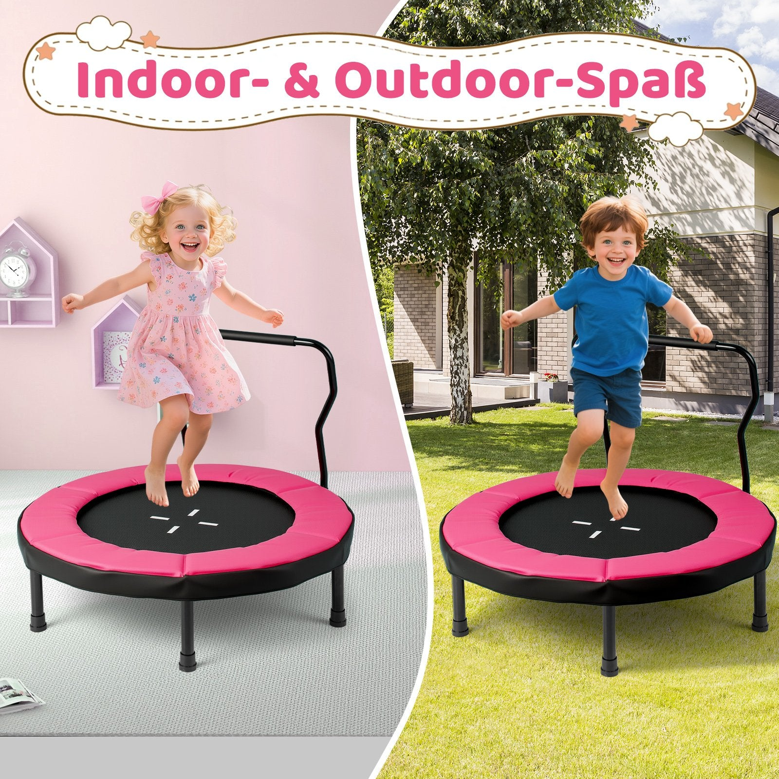 Dos niños saltan en camas elásticas rosas, una interior y otra exterior. Bandera rosa dice 'Indoor- & Outdoor-Spaß'.